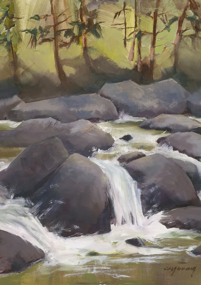 Colorado Canyon Waterfall, oil painting by Christy Young